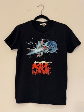 Maje Black Graphic Tee with Space Jet and Red 'Ride With Me' Text